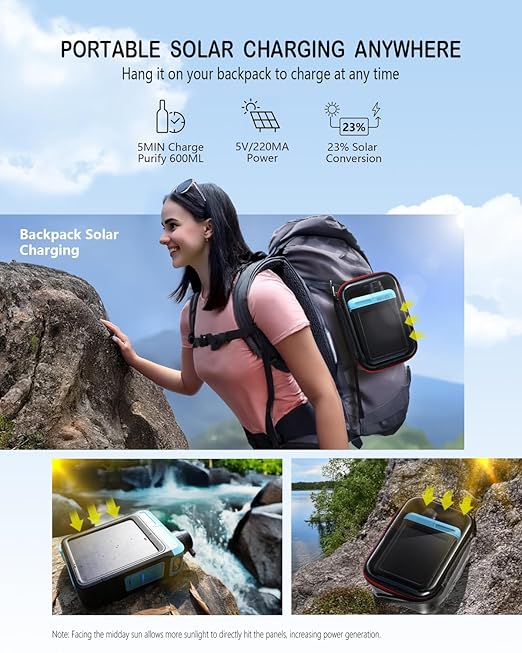 3-in-1 Solar Electric Water Filter with Hand Pump - Camping Water Filtration System Survival, Portable Water Purifier with Emergency Light, Survival Kit for Backpacking, Birthday Gifts for Men