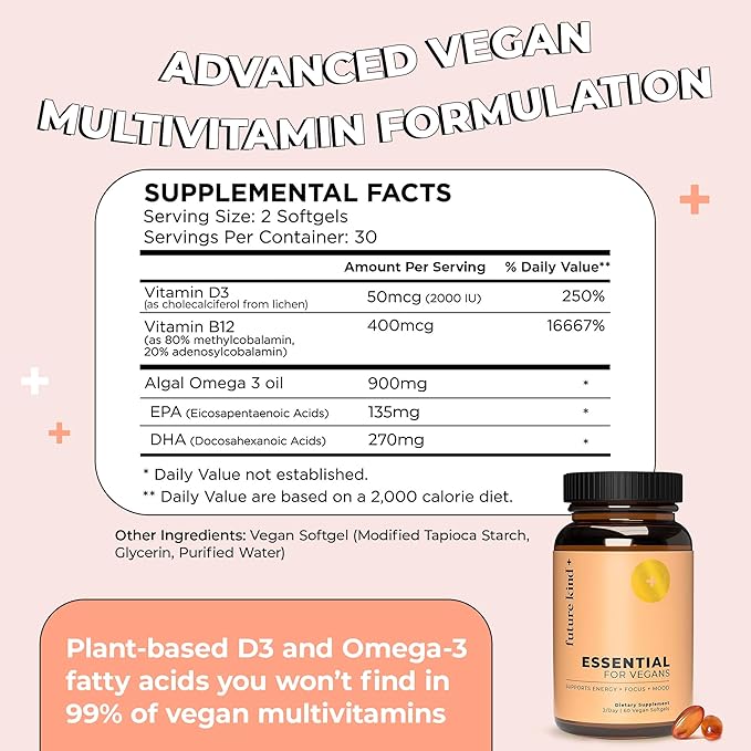 Future Kind Vegan Multivitamins - Glass Bottle & Made for Vegans with Omega 3 DHA, EPA, Vitamin B12 & D3 for Energy, Focus, & Mood (60 Softgels)