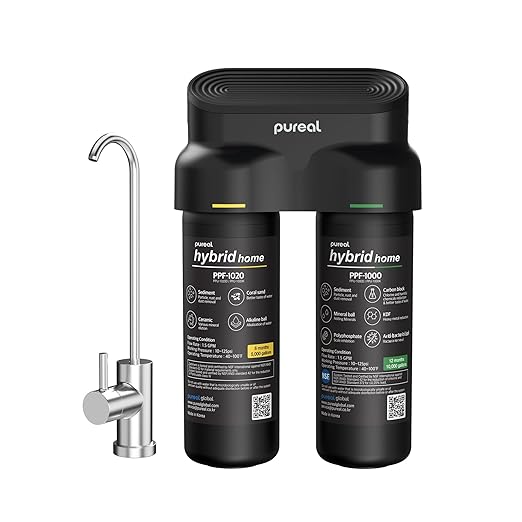 Pureal Hybrid Home PPU-1020D 2 Stage Under Sink Water Filter System, 10K Gallons, NSF/ANSI 42&372, Mineral Sediment Carbon Block KDF Polyphosphate Filter for Scale & Lead & Chlorine