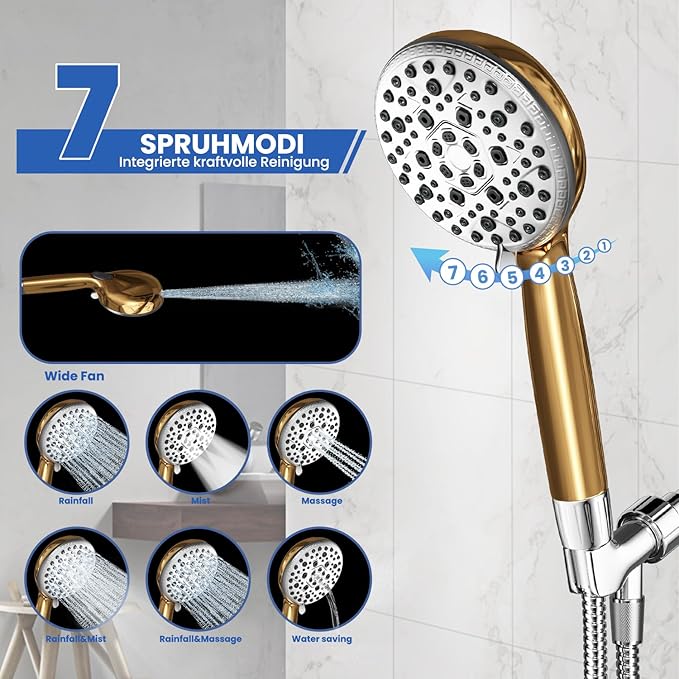 Filtered Shower Head with Handheld,7 Spray Settings High Pressure Showerhead Built in Power Wash to Clean Tub, Tile & Pet, Showerhead with Filters for Hard Water - Remove Chlorine, (gold)