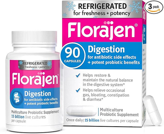 Florajen Digestion Probiotic - Gut Health Supplement for Bloating, Constipation, & Digestive Relief - 15 Billion Live Cultures - Multi-Strain Formula - Refrigerated for Freshness - 90-Count