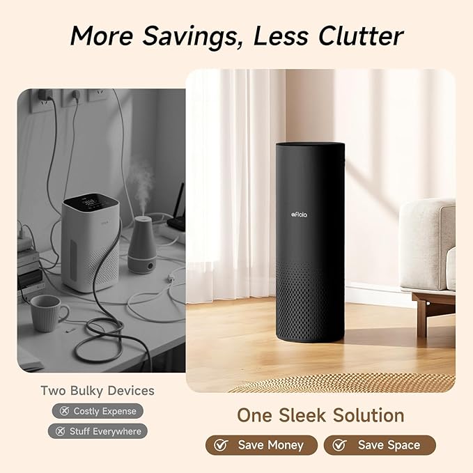 Afloia Humidifier and Air Purifier in One, Air Purifier and Evaporative Humidifier Combo for Home, 24dB Quiet Air Cleaner Remove Pets Dust Dander Hair Allergy Pollen Smoke Smell for Room, Black