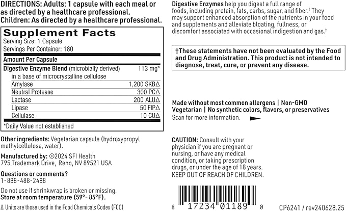 Klaire Labs SFI Health Digestive Enzymes - Gut Health Supplements with Lipase, Amylase & Protease Enzymes for Digestion - Aid Nutrient Absorption - Help Occasional GI Discomfort (180 Capsules)