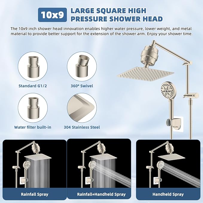 iFealClear Metal Rain Filtered Shower Head, 10” High Pressure Rainfall Shower Head with Handheld Spray, 10-Mode Handheld Power Wash, 16" Adjustable Extension Arm, 2 Pack Shower Filters, Brushed Nickel