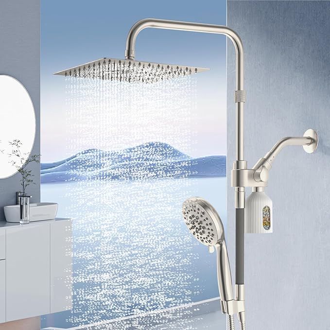 10" Filtered Rain Shower Head with Handheld Spray Combo, High Pressure Shower Head and Handle Set with Filter, Dual Shower Head with Extra Long Hose and Adjustable Arm (Brushed Nickel)