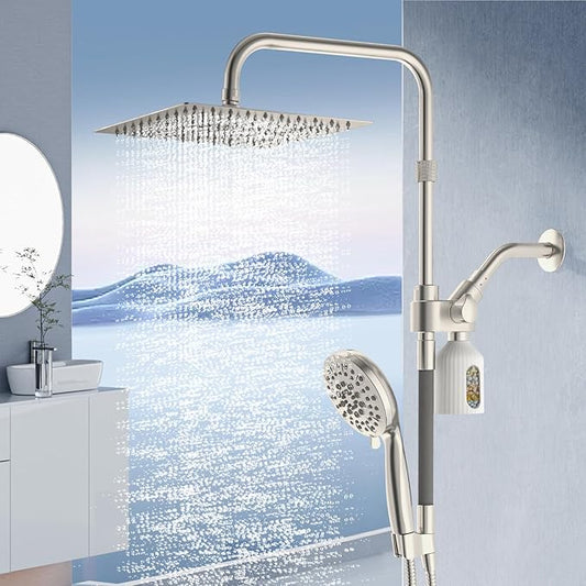 10" Filtered Rain Shower Head with Handheld Spray Combo, High Pressure Shower Head and Handle Set with Filter, Dual Shower Head with Extra Long Hose and Adjustable Arm (Brushed Nickel)