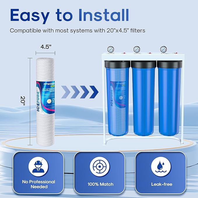 ICEPURE 5 Micron 4.5" x 20" Whole House String Wound Sediment Water Filter Cartridge for Well Water, Replacement for WP5BB20P/WP25BB20P, SDC-45-2005, SP-WP5-20BB, SWC-45-2005, 3PACK