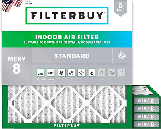 Filterbuy 24x24x1 Air Filter MERV 8 (MPR 700) Dust Defense Replacement (5-Pack), Electrostatic Pleated HVAC AC Furnace Filters, Made in USA (Actual Size: 23.38 x 23.38 x 0.75)