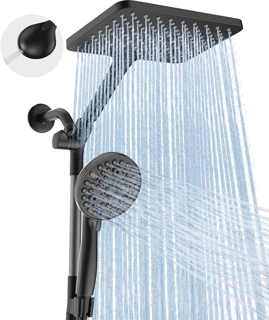 Dual Handheld Shower Head Combo, 2-in-1 Rain Shower Heads System Wide Rainfall Shower Head and 10 Modes High Pressure Hand Held Showerhead with Built-in Power Wash