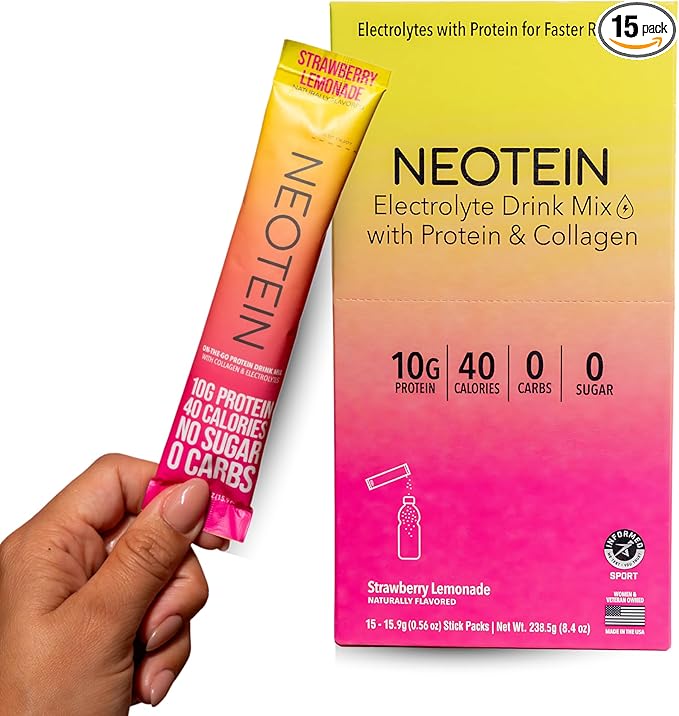 Electrolyte Powder Packets, Protein Powder with 10g Protein & Collagen | Hydration Packets - Zero Sugar, NO Fillers, NO Carbs | Strawberry Lemonade | 40 Calories | Keto & Paleo | Pack of 15