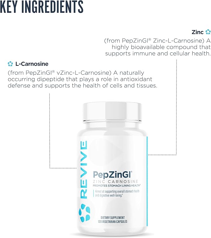 Revive MD Zinc Carnosine Supplement for Men & Women - Zinc & L-Carnosine to Support GI, Stomach Lining & Immune Health - Digestive Health Supplements Supports a Healthy Gut - 120 Vegetarian Capsules