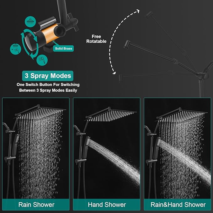 All Metal 10 Inch Rain Shower Head with Handheld Spray Combo, High Pressure Waterfall Rainfall Square Shower Heads with 16" Adjustable Extension Arm, Dual Showerhead with 3-Way Diverter, Matte Black
