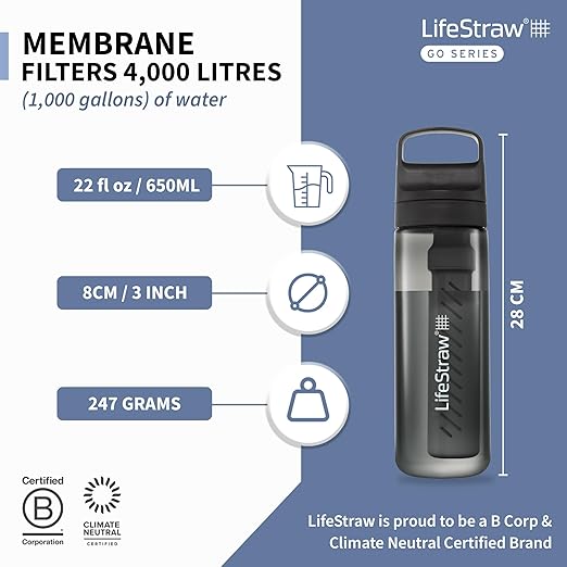 LifeStraw Go Series – BPA-Free Water Filter Bottle for Travel and Everyday use removes Bacteria, parasites and microplastics, Improves Taste, 22oz Nordic Noir