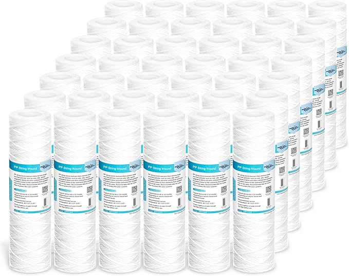 42 Pack of 10 Micron 10"x2.5" String Wound Whole House Water Filter Replacement Cartridge by Membrane Solutions, Universal Sediment Filters for Well Water, Compatible with WFPFC4002, CW-F, CW-MF, WP-5