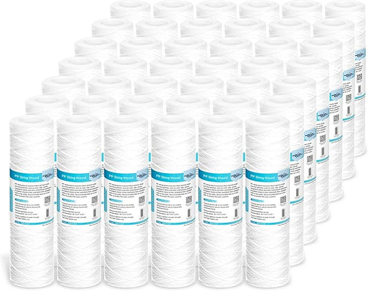 42 Pack of 10 Micron 10"x2.5" String Wound Whole House Water Filter Replacement Cartridge by Membrane Solutions, Universal Sediment Filters for Well Water, Compatible with WFPFC4002, CW-F, CW-MF, WP-5