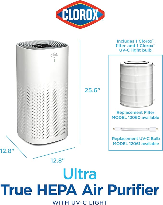 Clorox Air Purifiers for Home, True HEPA Filter, XL Rooms up to 2,220 sq ft, Removes 99.9% of Mold, Viruses, Wildfire Smoke, Allergens, Pet Allergies, Dust, AUTO Mode, UV-C Lightbulb, Whisper Quiet