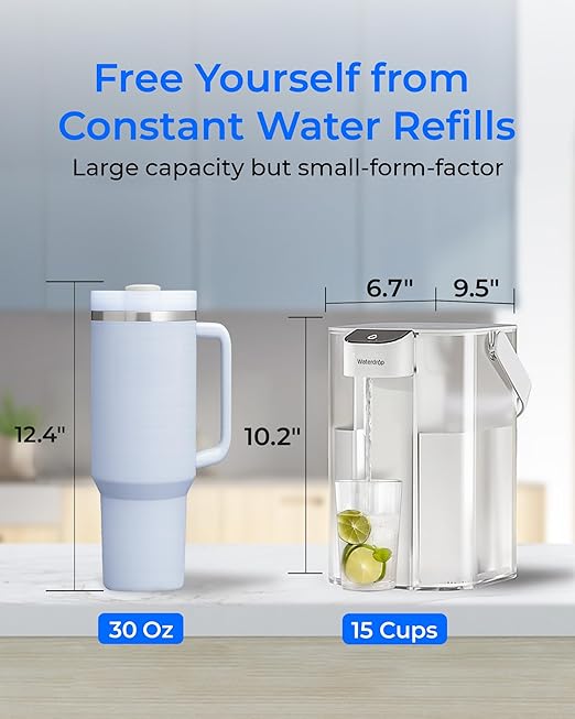 Waterdrop Alkaline Electric Water Filter Pitcher, Rechargeable Water Dispenser, Instant 200-Gallon 15-Cup Countertop Purifier, NSF/ANSI 42, Reduce PFOA/PFOS, Chlorine, Lead, White, with 1 Filter