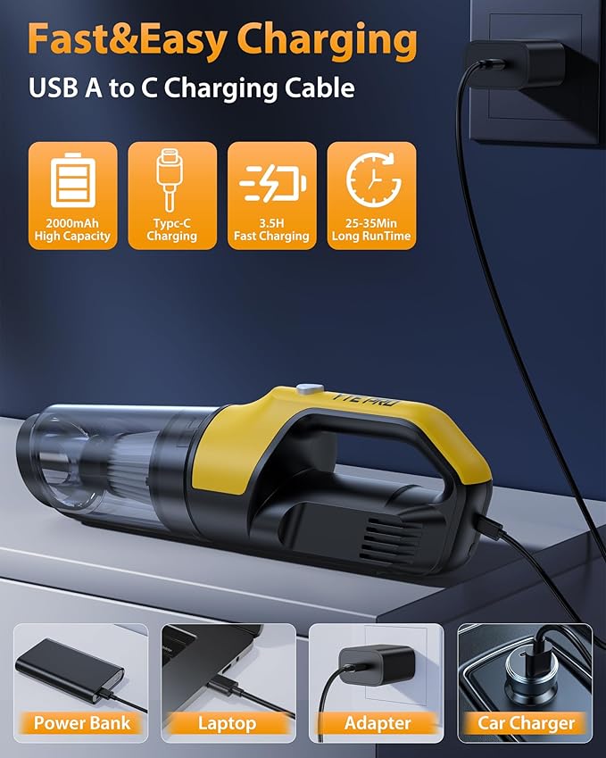 Handheld Vacuum Cordless 1.1 Pounds Car Vac 10000PA Hand Held Vacuums 4-in-1 Hand Vac Cordless Rechargeable HEPA Filter Large Capacity Dust Cup for Car Office Home Pets Hair (Lemon Yellow)