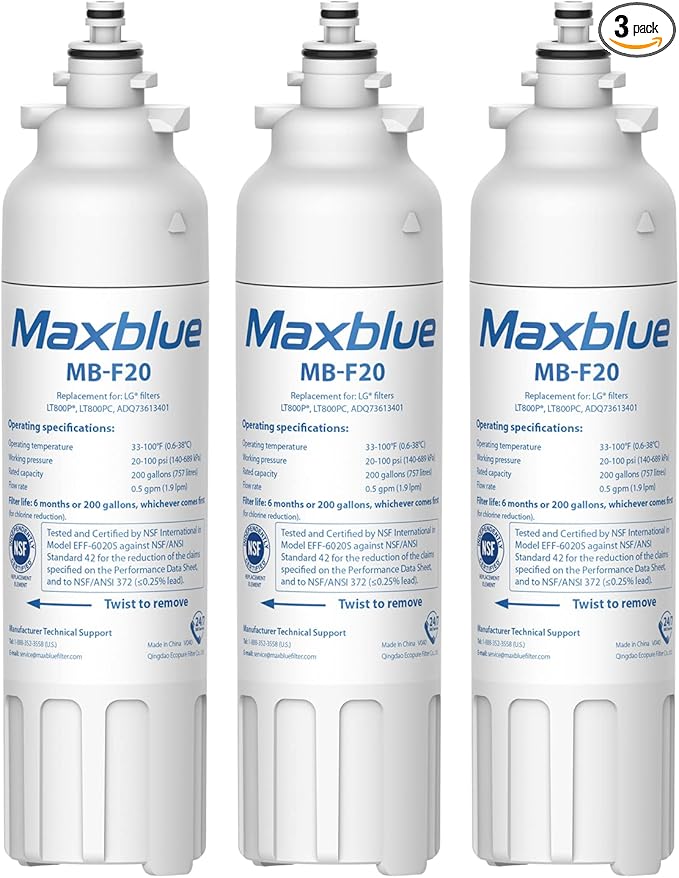 Maxblue ADQ73613401 Refrigerator Water Filter, Replacement for LG® LT800P®, ADQ73613402, ADQ73613408, ADQ75795104, Kenmore 9490, LSXS26326S, LMXC23746S, WF-LT800P, 469490, LMXC23746D, Pack of 3