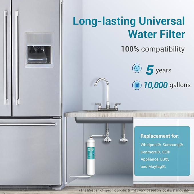 AQUACREST In-Line Water Filter for Refrigerator and Ice Maker, 5 years or 10,000 Gallons High Capacity, 1/4-Inch Direct Connect Fittings, Reduces Chlorine, Bad Taste & Odor