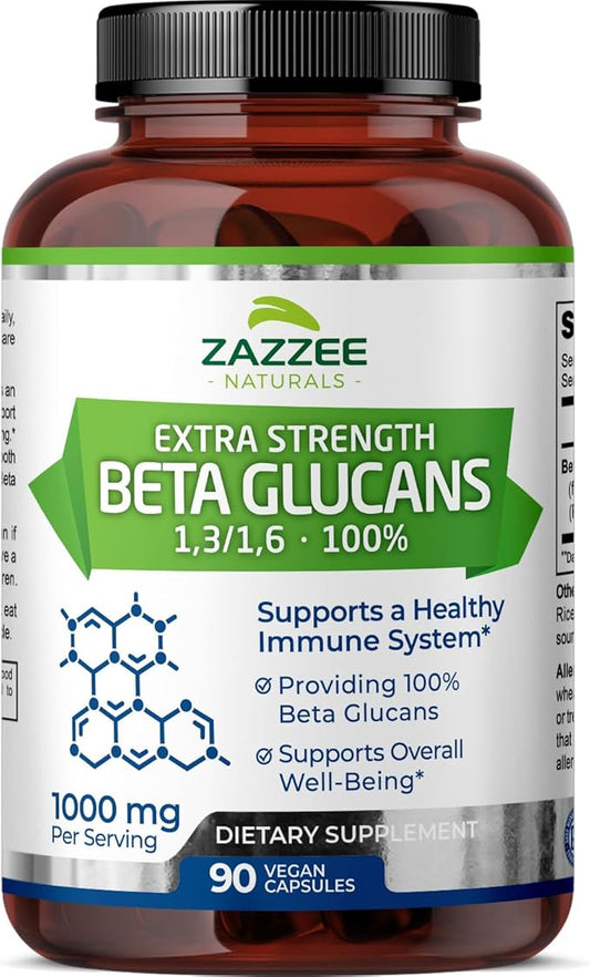 Zazzee Extra Strength 1,3/1,6 Beta Glucans, 1000 mg, 100% Concentrated, 90 Vegan Capsules, Supports a Healthy Immune System, 100% Vegetarian, All-Natural and Non-GMO