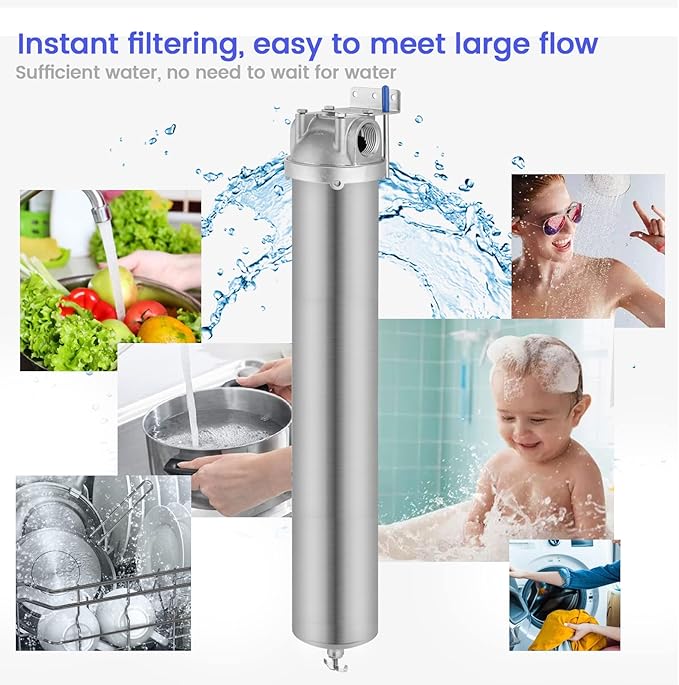 Amwater NSF/ANSI 42 Stainless Steel Whole House Water Filter Housing, 20" x 2.5" Sediment Water Filter System for Heavy Duty, Well & City Water, 1" NPT Port, Drain Valve Style A