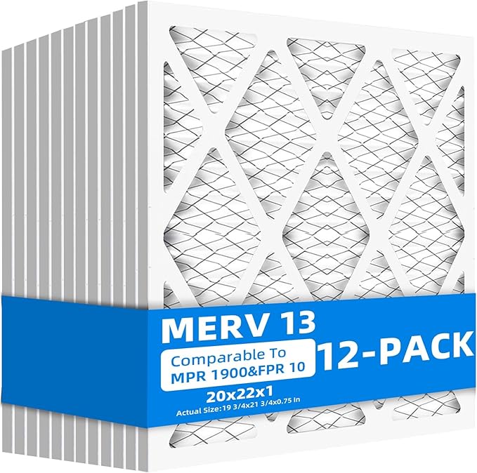 (12 Pack) 20x22x1 Furnace Air Filters, MPR 1900 & FPR 10, MERV 13 Pleated Air Filter (Actual Size: 19 3/4"x21 3/4"x3/4")