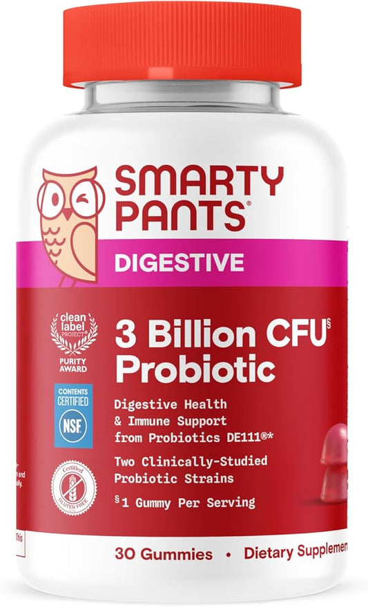 SmartyPants Adult Probiotic Gummies for Digestive Health: 3 Billion CFU, Gut Health and Immune Support Supplement, Clinically Studied Probiotic, Gluten Free, Strawberry, 30 Count (30 Day Supply)