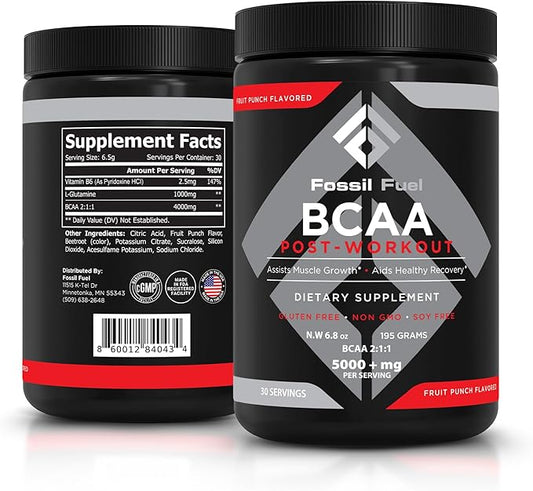 Fossil Fuel BCAA Sugar-Free Post-Workout Powder with BCAA’s, Glutamine, Vitamin B6 Essential Amino Acids for After Workout Muscle Recovery, Endurance and Hydration Fruit Punch (30 Servings)
