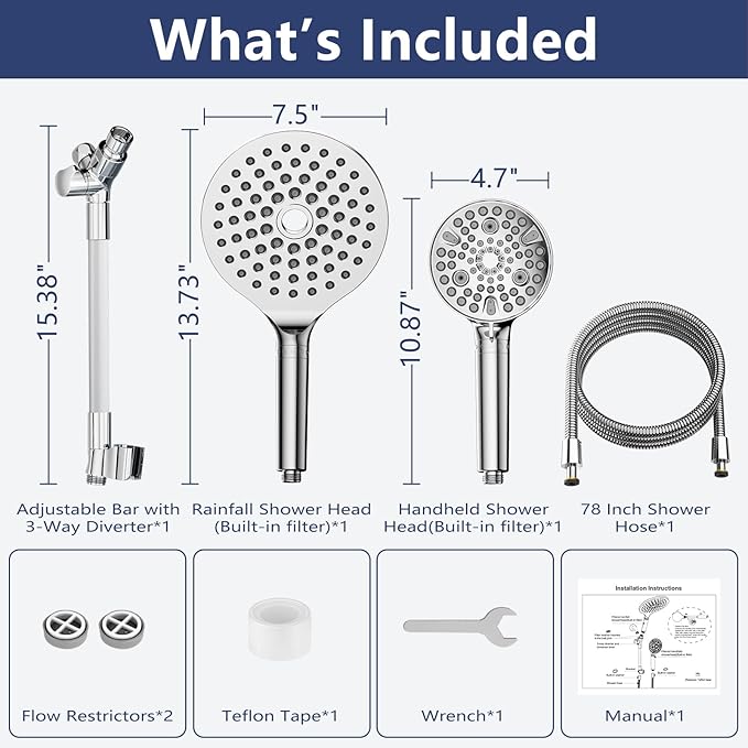 HANLIAN Filtration Shower Heads with Handheld Spray Combo, High Pressure Rainfall Shower Head with Handheld Combo, Filtered Dual Shower Head, Double Showerhead with 79" Hose (Chrome)