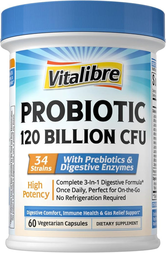 Probiotics for Women and Men, 120 Billion CFU 34 Strains, with Digestive Enzymes & Prebiotics, No Gluten, Gut Health, Digestive Health, Bloat Relief, 60 Veggie Caps