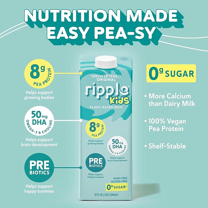 Ripple 32 oz Plant Based Milk 8g of Quality Sourced Pea Protein, Calcium Rich | Shelf Stable | Vegan & Non GMO Certified | Dairy, Soy, Nut, Gluten, & Lactose Free (Pack of 6) (32 Fl Oz (Pack of 6), Kids Unsweetened)