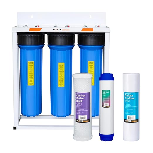 Rotek Water Systems Whole House Water Filtration System, 3-Stage Water Filter System, SED, PHO, ACB, Clean Water, Sediment, Carbon Block, & Polyphosphate Anti-Scale Filter, 20 Inch