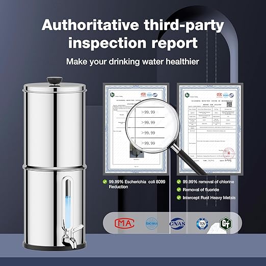 1G Gravity-fed Water Filter System - NSF/ANSI 42&372 Certified 18/8 Stainless Steel Countertop Water Filtration System - Water Level Window, Reduce 99.9% of Chlorine, for Camping, RVs