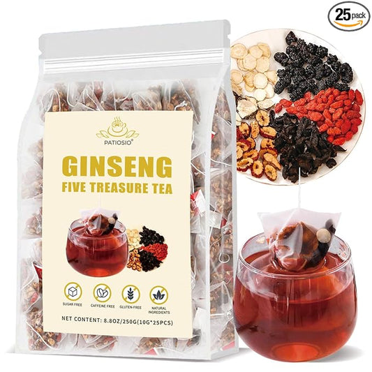 Ginseng Five Treasures Tea - Kidney Tea Wubao Tea, Kidney Cleanse Tea Ginseng Six Treasures Tea, Ginseng Red Date Natural Chinese Herbal Tea Bags for Men Women(250g/10g x25pcs)