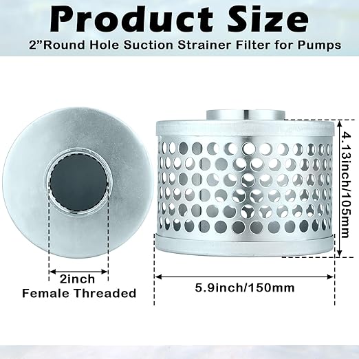 2 Inch Round Hole Suction Strainer Filter Carbon Steel Plated Npt Thread Hose Water Pump Inlet Strainer for Remove Debris Trash Reduces Solids Entering
