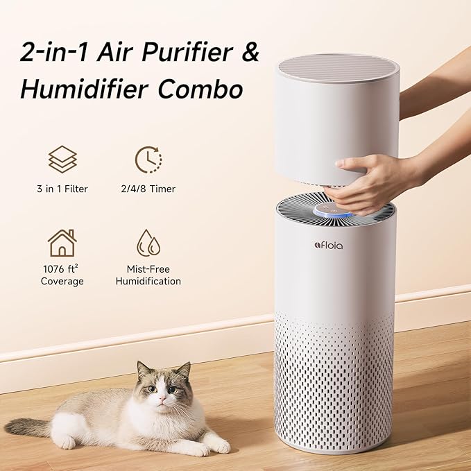Afloia Humidifier and Air Purifier in One, Air Purifier and Evaporative Humidifier Combo for Home, 24dB Quiet Air Cleaner Remove Pets Dust Dander Hair Allergy Pollen Smoke Smell for Room, Pale Pink