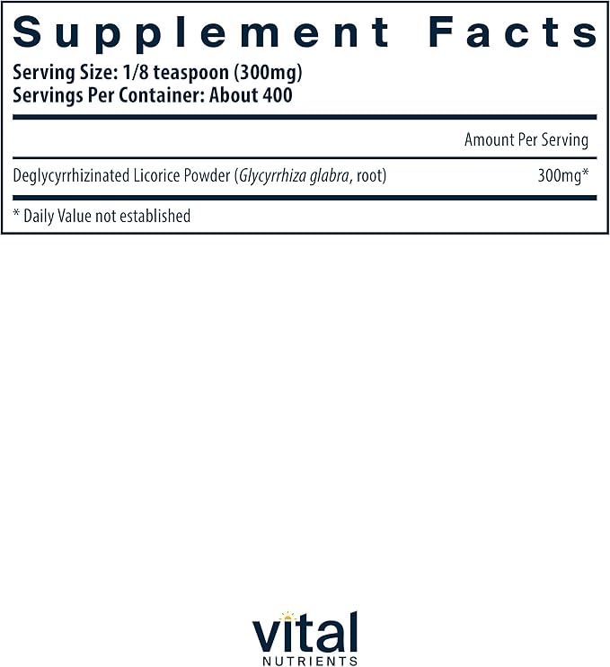 Vital Nutrients DGL Powder | Vegan DGL Licorice Root Extract to Support Healthy Stomach Lining and Digestive Tract* | Gluten, Dairy, Soy Free | Non-GMO | 120g