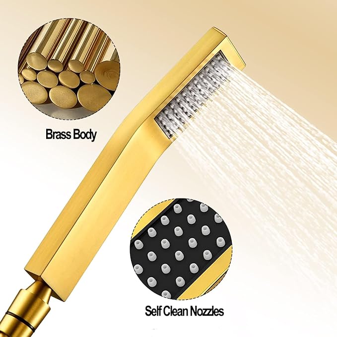 8"High Pressure Square Rain Shower Head and 2-in-1 Hand Shower.Equipped with 78"Hose, 3 Way Diverter Valve,Adhesive Shower Head Holder.(AWAXFOLO Square Shower Head Set gold)
