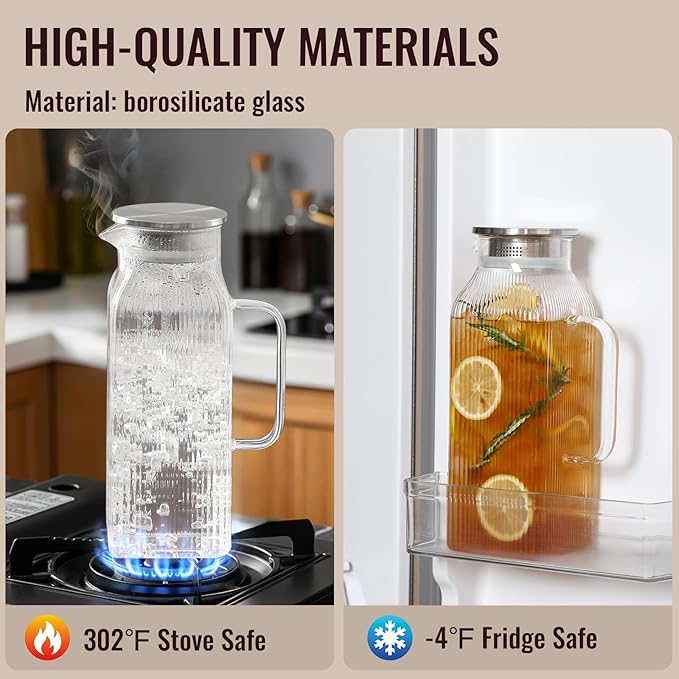 2 Liter/68 oz Square Glass Pitcher with Lid, Classic Stripes Water Pitchers with Handle for Fridge, Large Jug for Iced Tea, Coffee, Borosilicate Glass Carafe for Hot/Cold Brew Drink, Silver