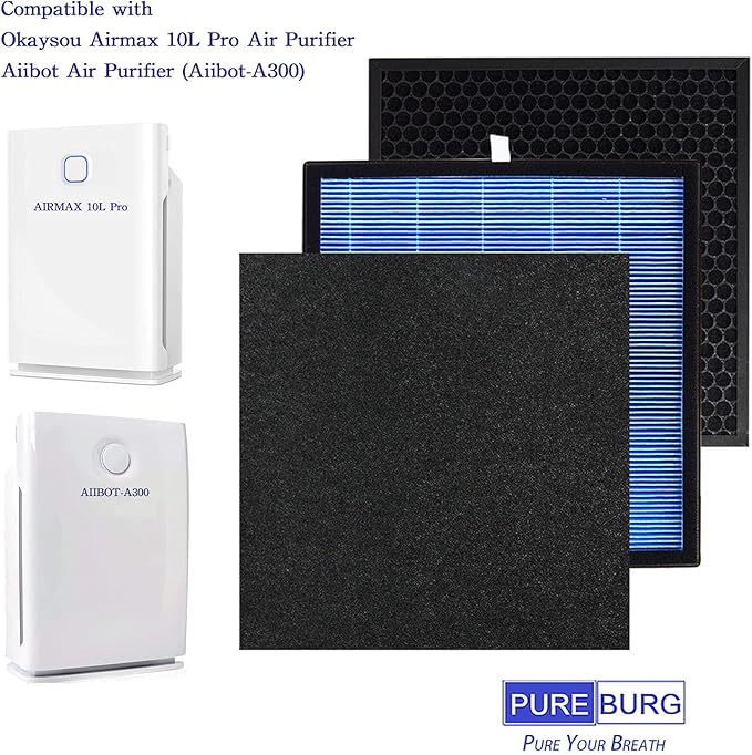 PUREBURG Replacement True HEPA Filter Kit Compatible with Okaysou Airmax 10L Pro & Aiibot Aiibot-A300 also Compatible with SimPure HP3-A Air Purifier,H13 4-Stage Filtration Air Clean Dust VOCs,2-Pack