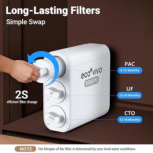 Ecoviva 0.01μm Ultra-Filtration Under Sink Water Filter System, 800G Tankless Water Filtration System, No Electricity & Zero Waste, Filters Heavy Metals, Includes Faucet, No Drilling Required(NOT RO)
