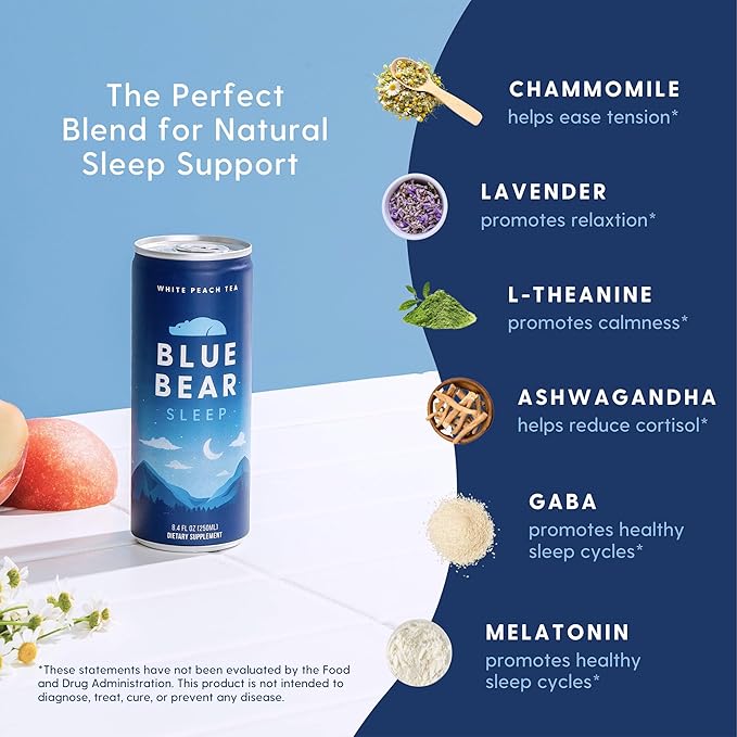 Blue Bear Melatonin Sleep Drink, Sleep Tea for Bedtime Support, White Peach Tea with Melatonin (5mg), Lavender, Ashwagandha, Chamomile, GABA, L-Theanine, Caffeine-Free, Zero Sugar, 8.4 Fl Oz 12-Pack