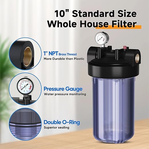 PUREPLUS Whole House Water Filter Housing, 10"x4.5" Universal Housing, Pre-Filtration System, with Pressure Gauge, 1" NPT