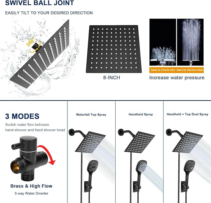 NearMoon Shower Head with Hose, High Pressure Stainless Steel Rain Shower and 3 Settings Handheld Spray Combo with Push Button Flow Control (8 Inch Showerhead Set, Matte Black)