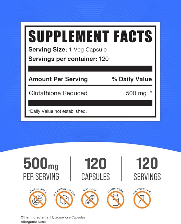 BulkSupplements.com Glutathione Reduced Capsules - Glutathione Supplement - Gluten Free, 1 Capsule Per Serving, 120 Capsules (Pack of 1)