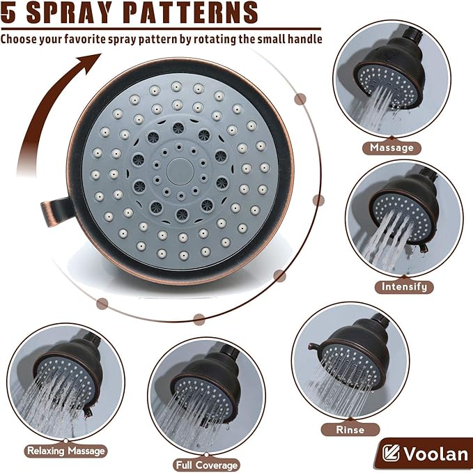 Voolan High Pressure Shower Head - 5 Function Rain Shower Head - Comfortable Shower Experience Even at Low Water Flow - Oil-Rubbed Bronze