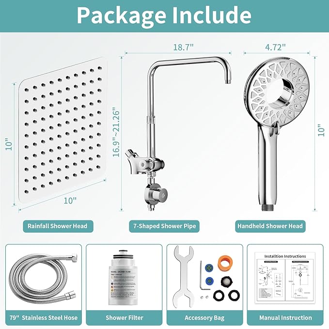10" Rainfall Shower Heads with Handheld Spray Combo High Pressure, Magnetix Shower Head with Filters for Hard Water, 2 in 1 Dual Shower Head with Handheld and Adjustable Slide Bar (Chrome)