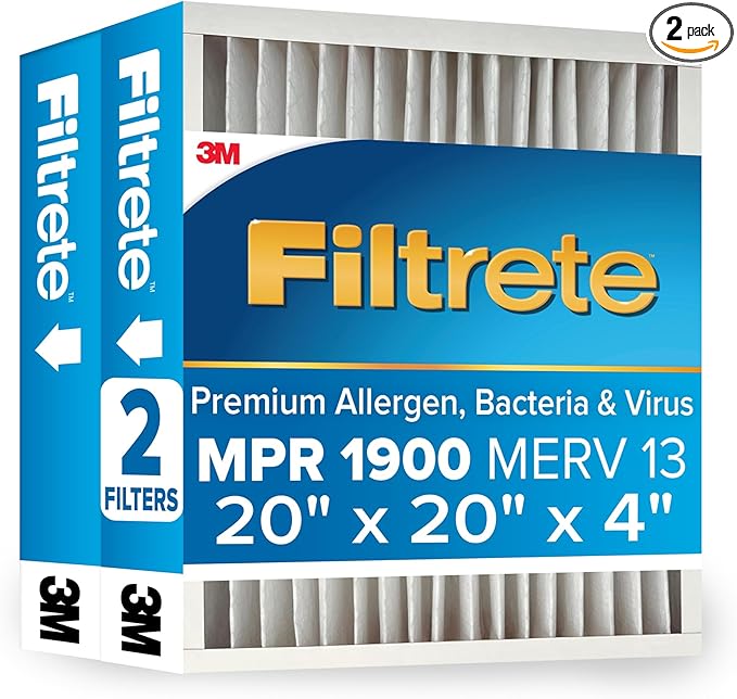 Filtrete 20x20x4 AC Furnace Air Filter, MERV 13, MPR 1900, Premium Allergen, Bacteria & Virus Filter, Electrostatic Air Cleaning Filter, 2-Pack (Actual Size 19.75 x 19.75 x 4.31 in)