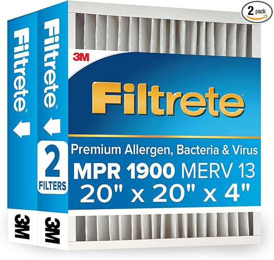 Filtrete 20x20x4 AC Furnace Air Filter, MERV 13, MPR 1900, Premium Allergen, Bacteria & Virus Filter, Electrostatic Air Cleaning Filter, 2-Pack (Actual Size 19.75 x 19.75 x 4.31 in)